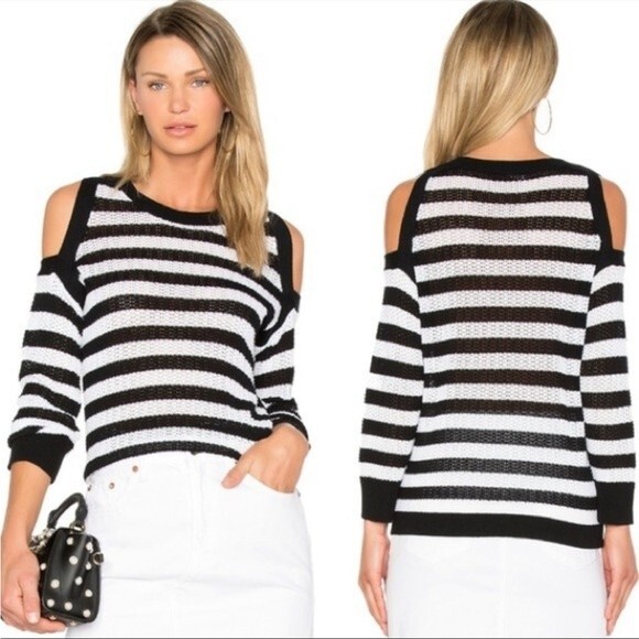 Rag & Bone/JEAN Tracey Cold Shoulder Sweaters Black and White Stripes L - Picture 1 of 12